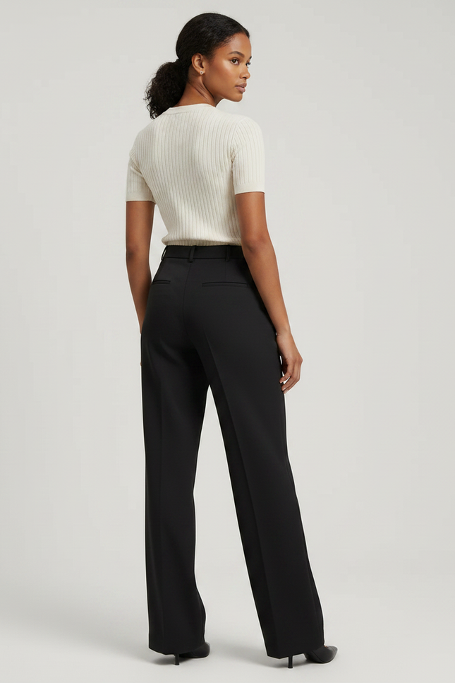 Pantalon Noir Élégant Droit Taille Haute Femme - Gabardine - vue 2