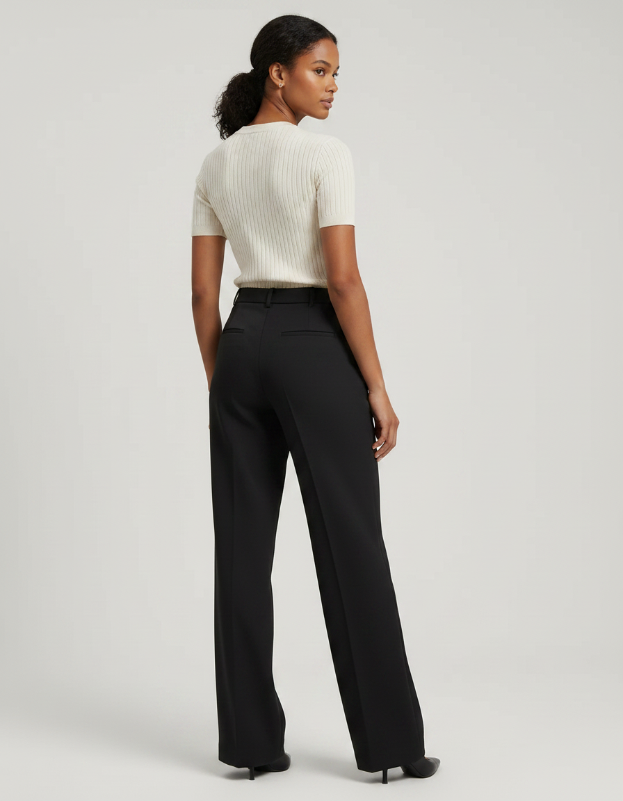Pantalon Noir Élégant Droit Taille Haute Femme - Gabardine - vue 2