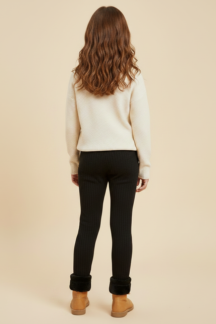 Pantalon Noir Côtelé Doublé Polaire Hiver Fille - Maille - vue 2