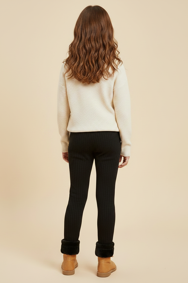 Pantalon Noir Côtelé Doublé Polaire Hiver Fille - Maille - vue 2
