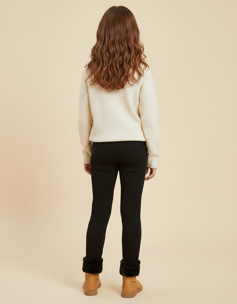 Pantalon Noir Côtelé Doublé Polaire Hiver Fille - Maille - vue 2