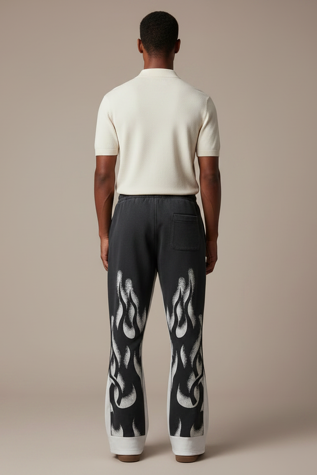 Pantalon Noir Évasé Imprimé Flammes Streetwear Décontracté Hip Hop - Molleton - vue 2