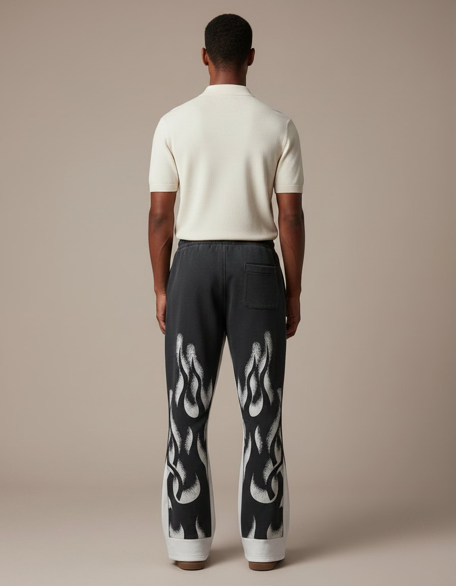 Pantalon Noir Évasé Imprimé Flammes Streetwear Décontracté Hip Hop - Molleton - vue 2