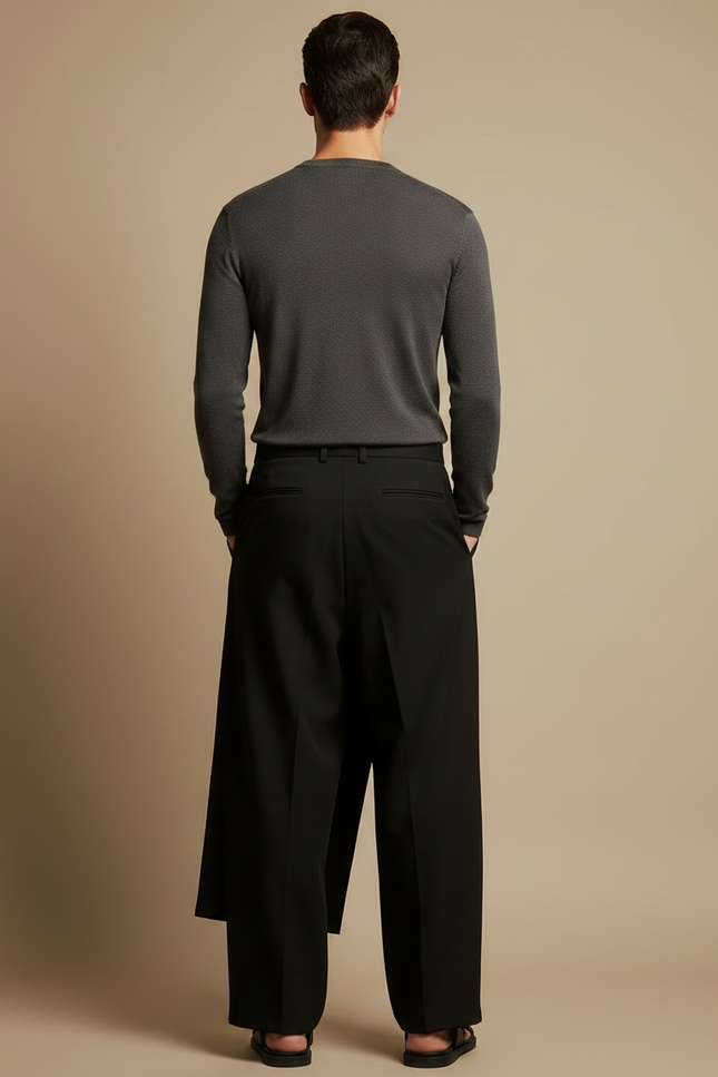 Pantalon Noir Asymétrique Jupe-Culotte Ample Décontracté Homme - Polyester - vue 2