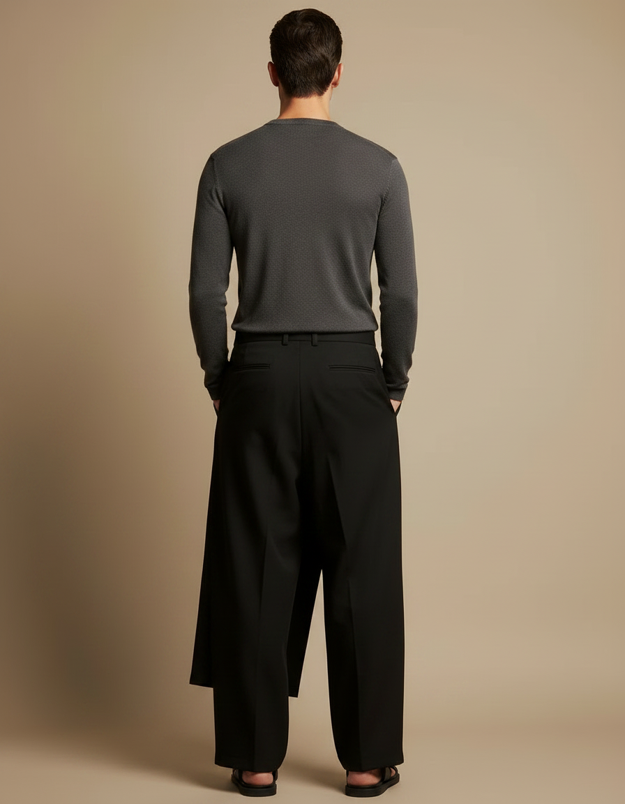 Pantalon Noir Asymétrique Jupe-Culotte Ample Décontracté Homme - Polyester - vue 2