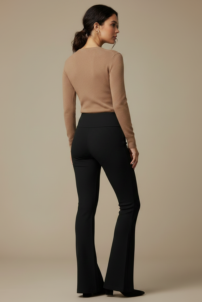 Pantalon Noir Côtelé Évasé Taille Haute Élégant - Maille - vue 2