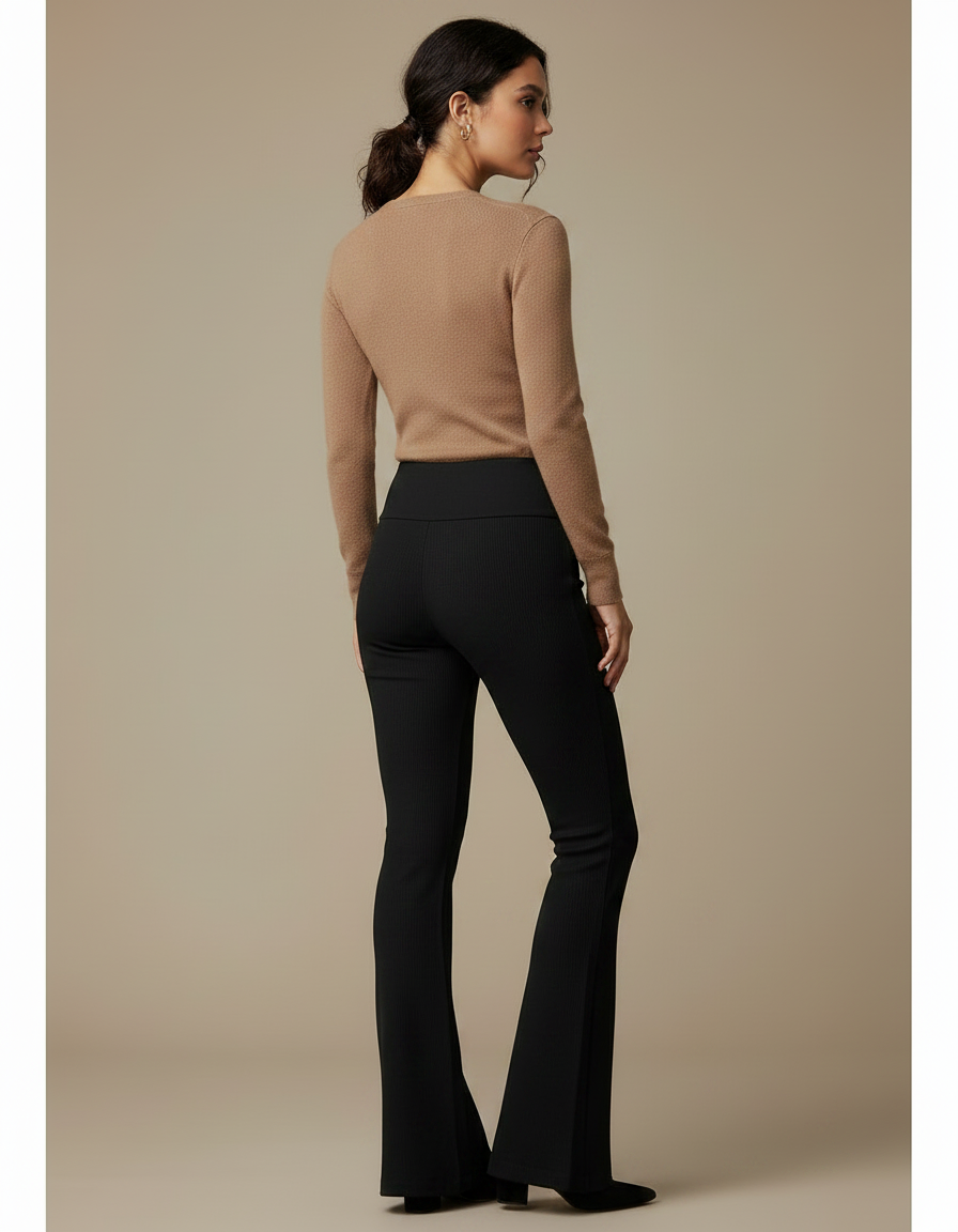 Pantalon Noir Côtelé Évasé Taille Haute Élégant - Maille - vue 2