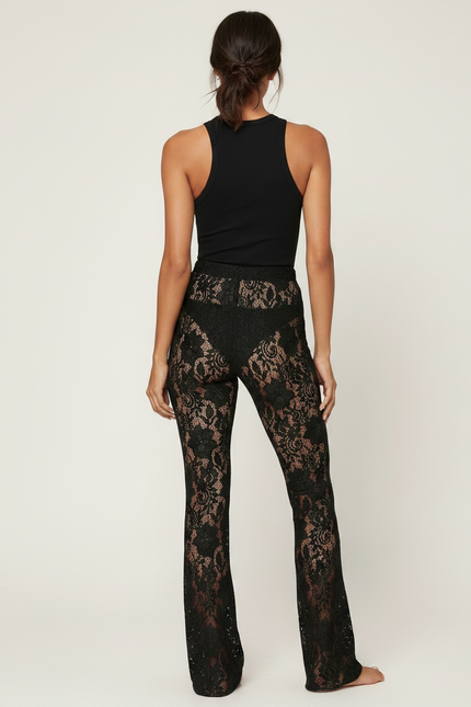 Pantalon Noir Dentelle Évasé Transparent Fluide - Polyester - vue 2