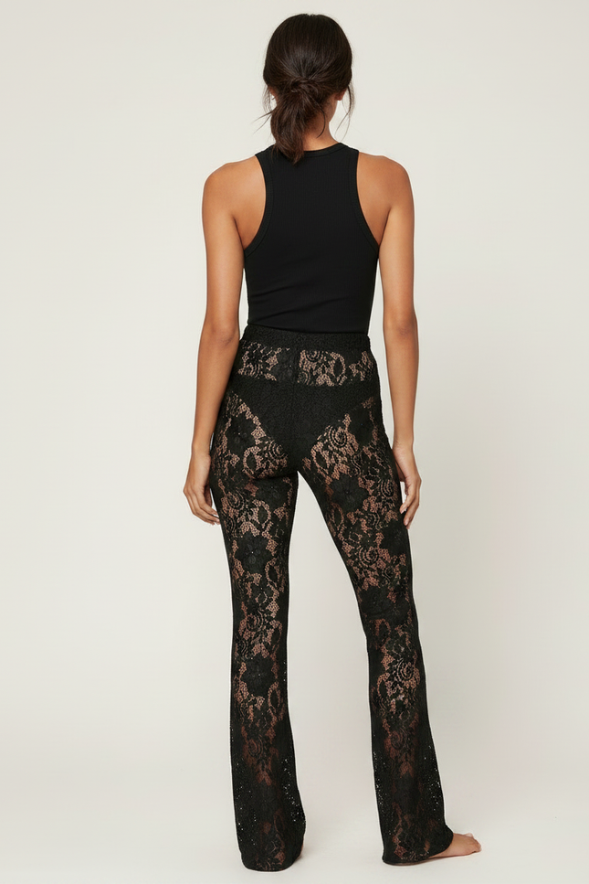 Pantalon Noir Dentelle Évasé Transparent Fluide - Polyester - vue 2