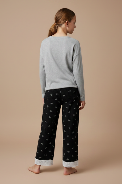 Pantalon Noir Côtelé Ample Nœuds Dentelle Fille - Cordé - vue 2