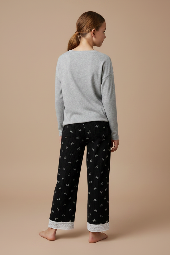 Pantalon Noir Côtelé Ample Nœuds Dentelle Fille - Cordé - vue 2