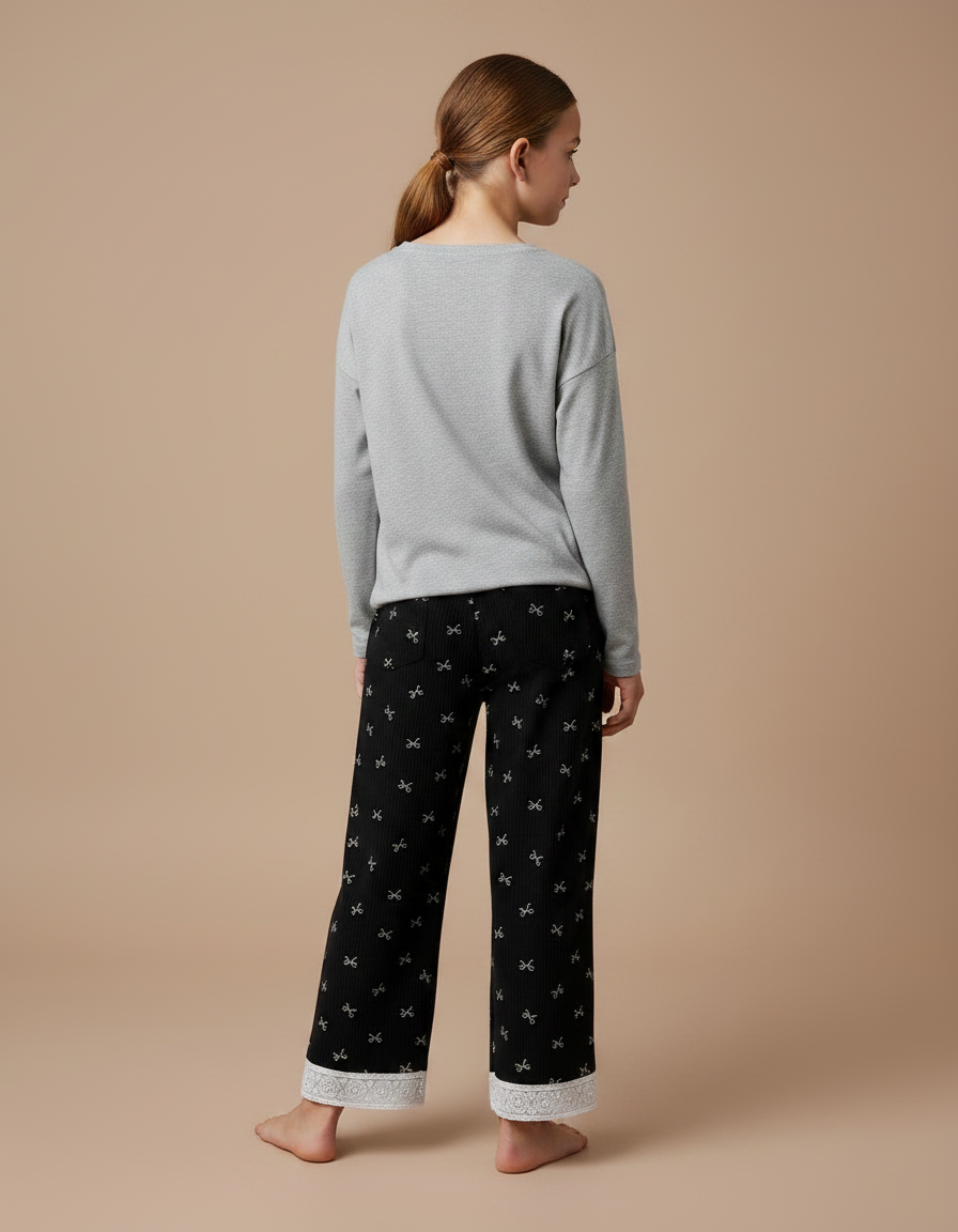 Pantalon Noir Côtelé Ample Nœuds Dentelle Fille - Cordé - vue 2