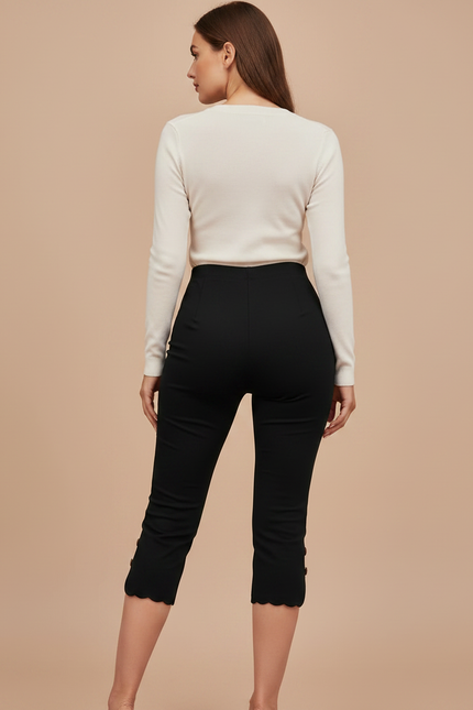 Pantalon Noir Scallop Boutons Taille Haute Slim - Maille - vue 2