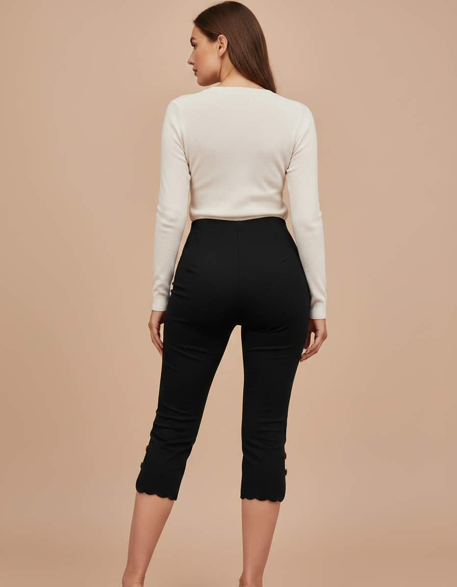 Pantalon Noir Scallop Boutons Taille Haute Slim - Maille - vue 2