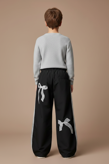 Pantalon Noir Ample Dentelle Nœuds Décontracté - Polyester - vue 2