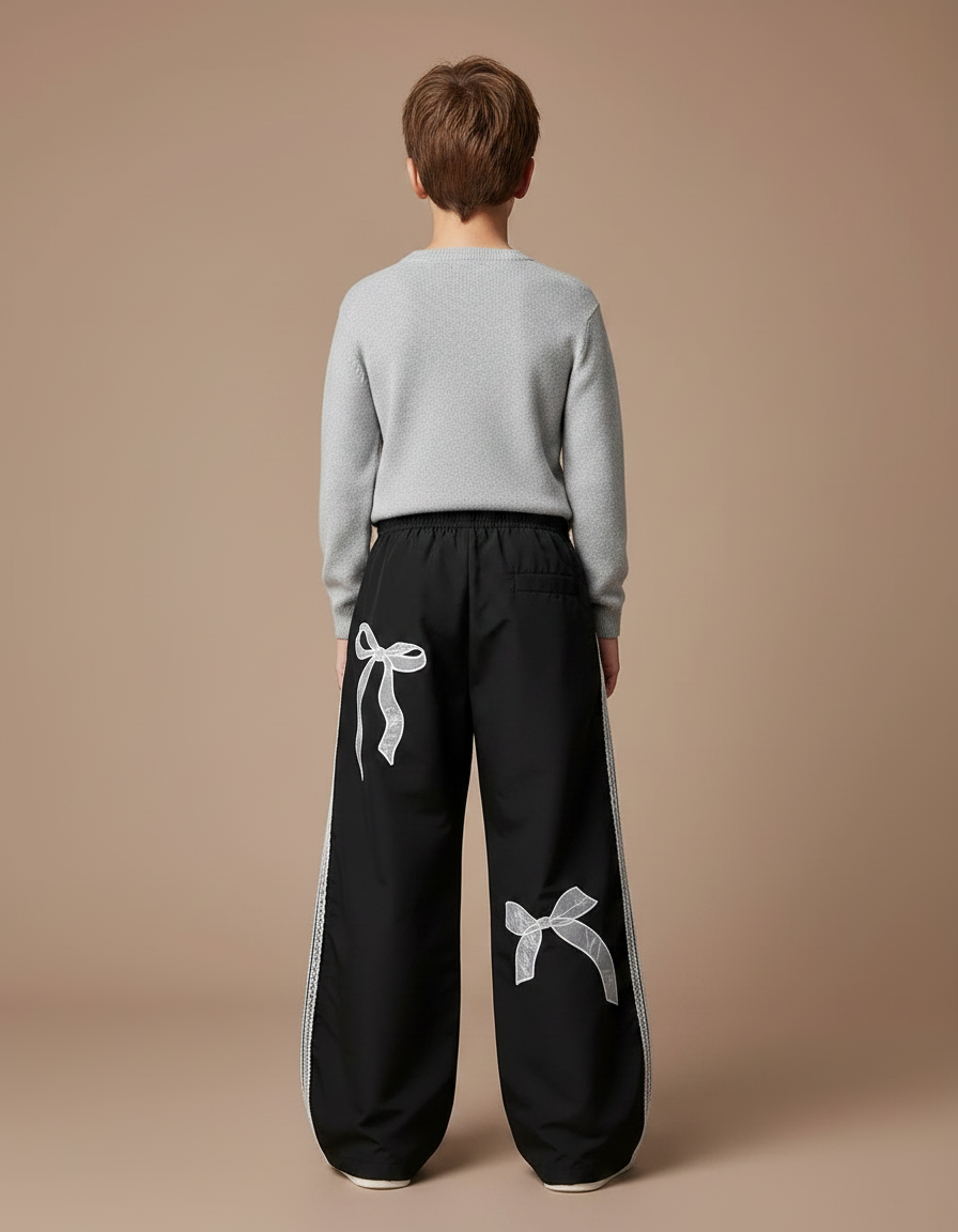 Pantalon Noir Ample Dentelle Nœuds Décontracté - Polyester - vue 2