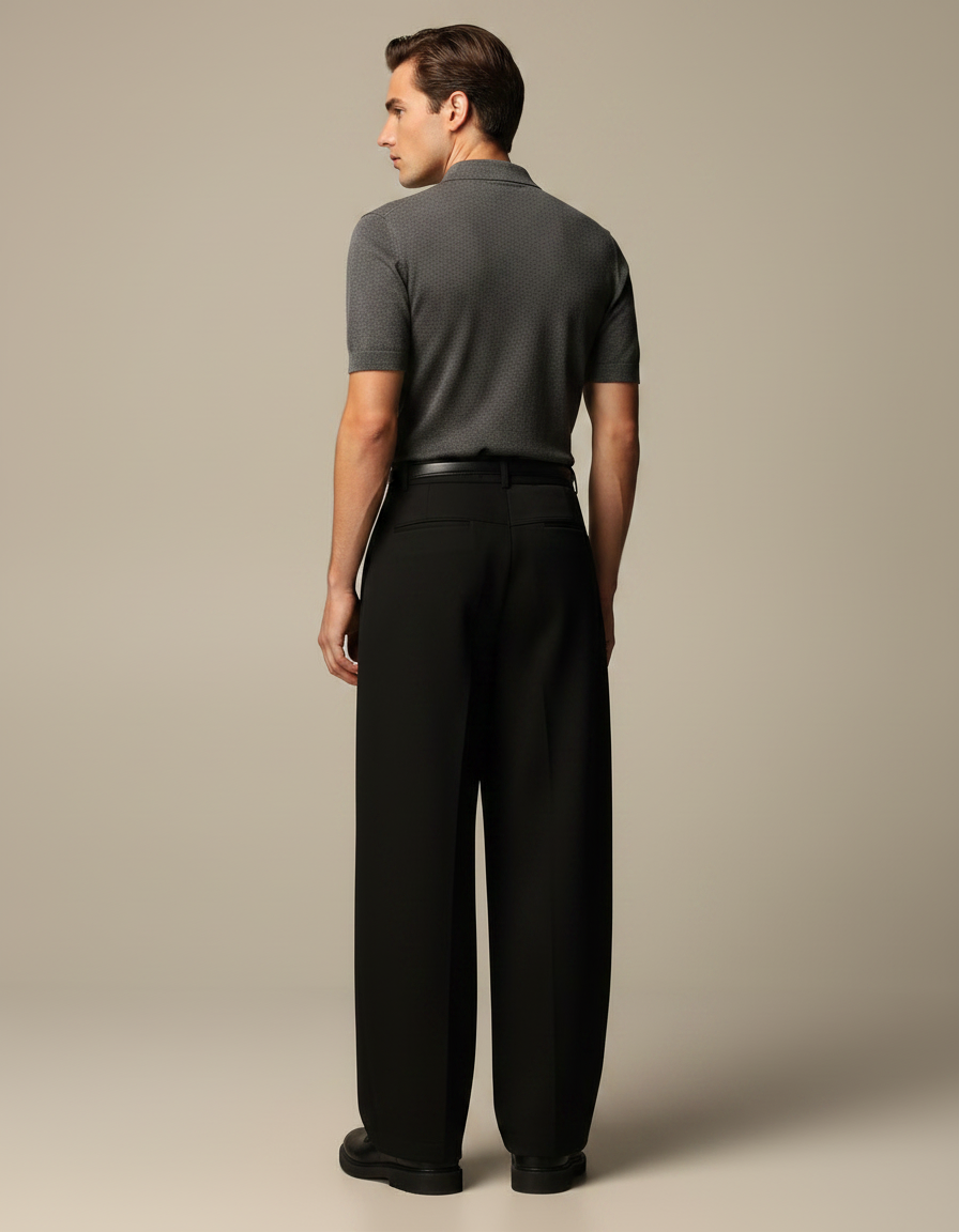 Pantalon Noir Ample Taille Haute Droit Élégant - Gabardine - vue 2