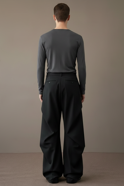 Pantalon Noir Ample Plissé Droit Homme Élégant - Gabardine - vue 2