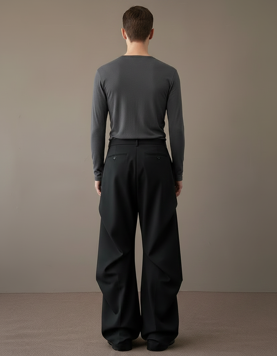 Pantalon Noir Ample Plissé Droit Homme Élégant - Gabardine - vue 2