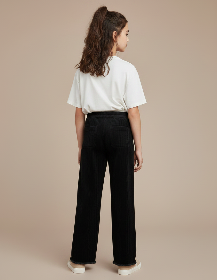 Pantalon Noir Côtelé Ample Fille Décontracté - Cordé - vue 2