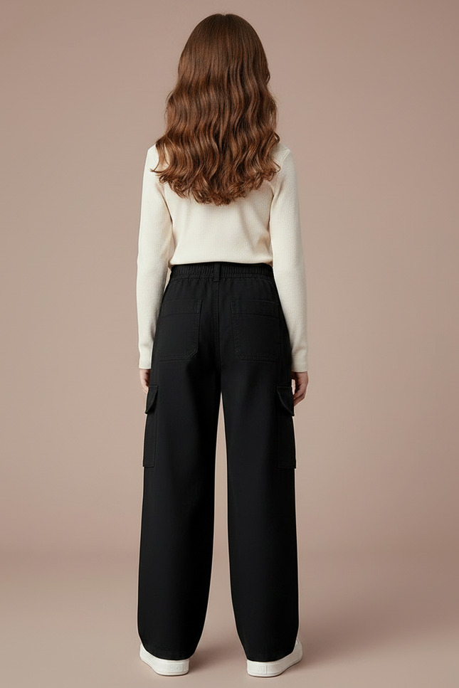 Pantalon Noir Cargo Fille Ample Décontracté Poches - Toile - vue 2