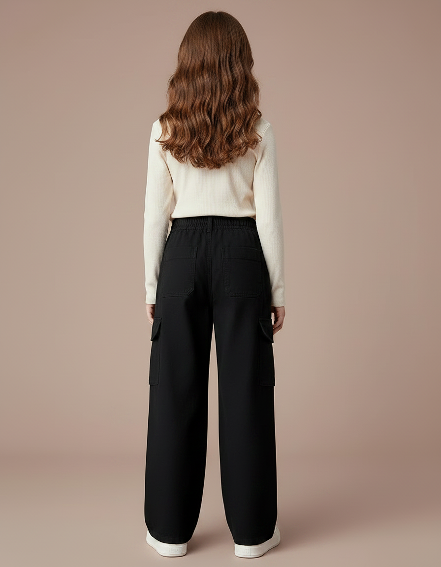 Pantalon Noir Cargo Fille Ample Décontracté Poches - Toile - vue 2
