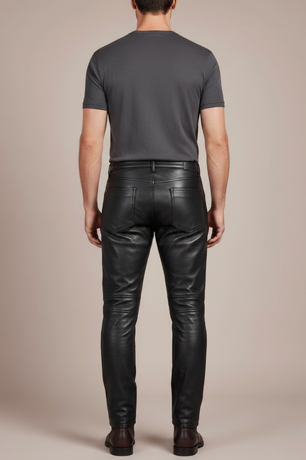 Pantalon Noir Homme Cuir Motard Slim Matelassé - vue 2