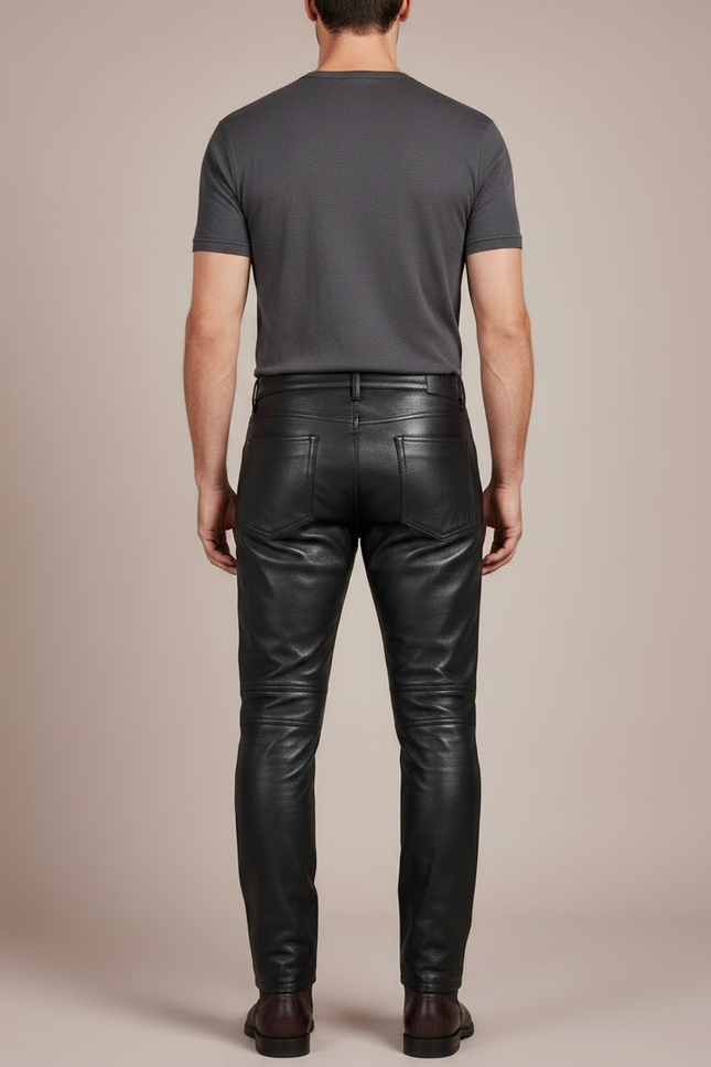Pantalon Noir Homme Cuir Motard Slim Matelassé - vue 2
