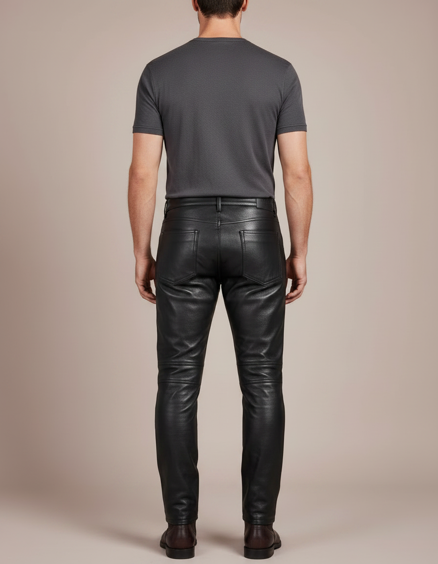 Pantalon Noir Homme Cuir Motard Slim Matelassé - vue 2