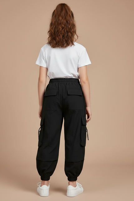 Pantalon Noir Cargo Ample Poches Streetwear Fille - Polyester - vue 2