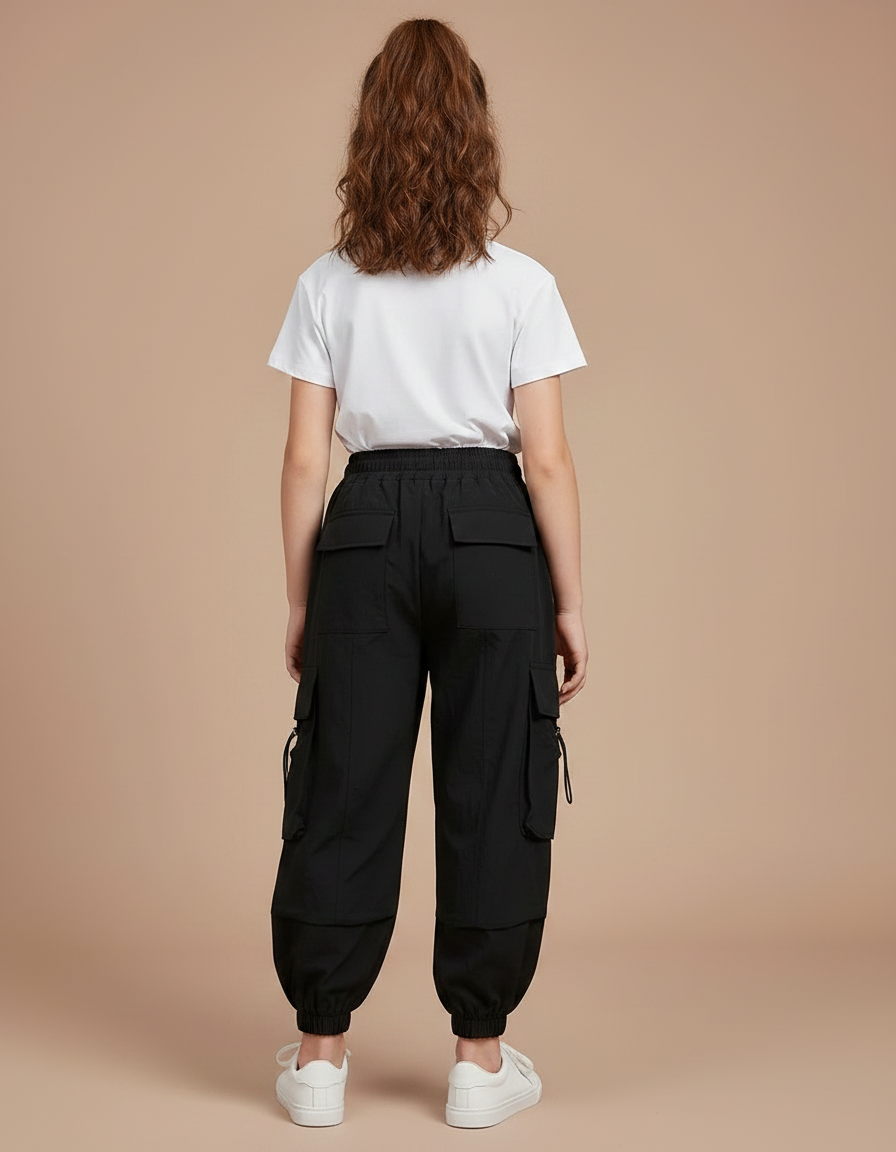 Pantalon Noir Cargo Ample Poches Streetwear Fille - Polyester - vue 2