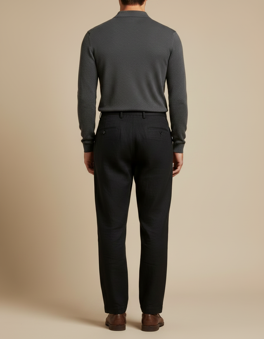 Pantalon Noir Lin Plissé Droit Décontracté Homme - vue 2