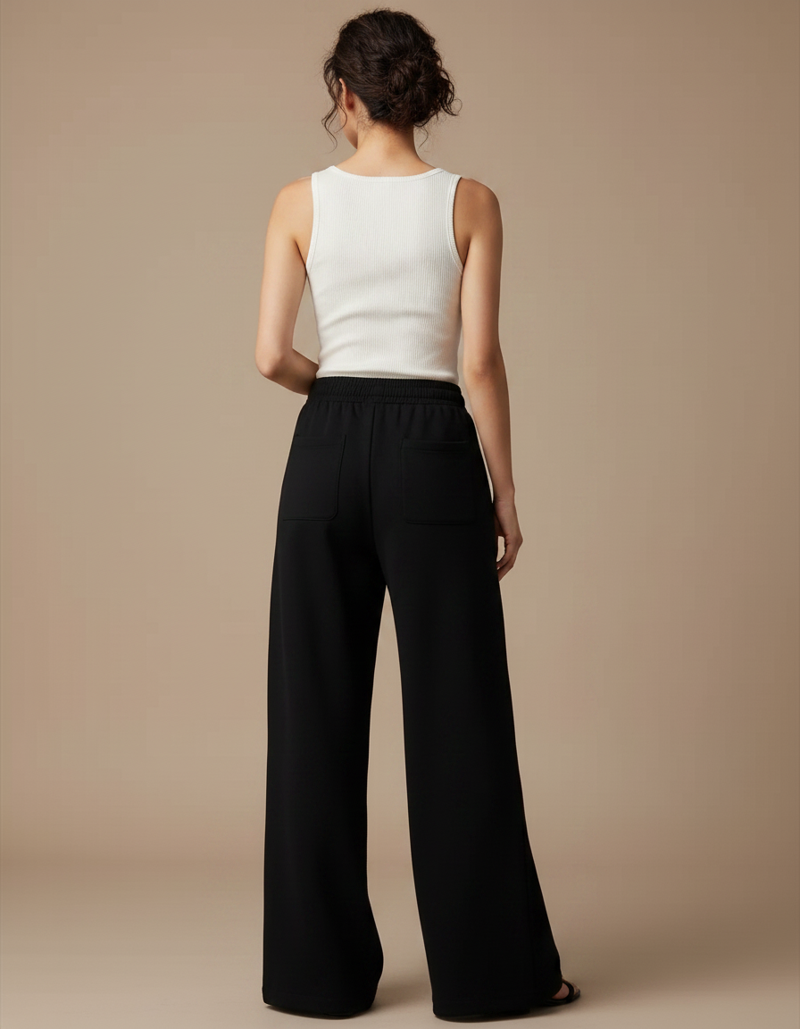 Pantalon Noir Large Fluide Décontracté Confortable - Molleton - vue 2