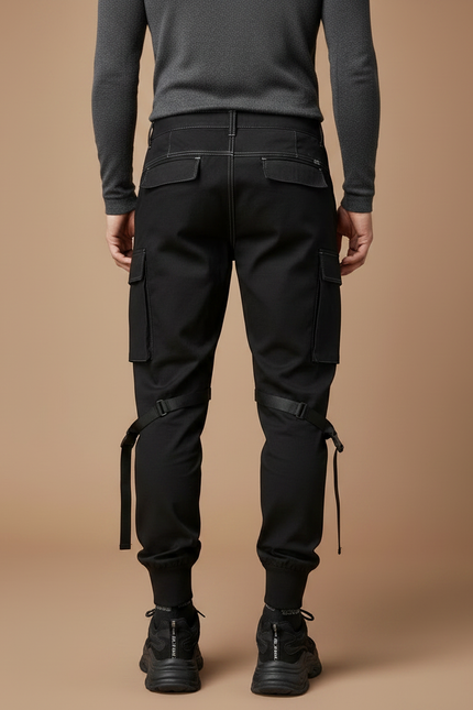 Pantalon Noir Cargo Homme Sangles Décontracté Streetwear - Toile - vue 2
