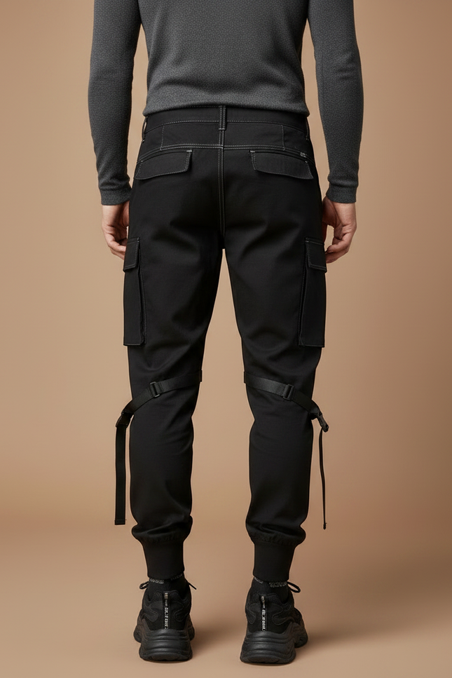 Pantalon Noir Cargo Homme Sangles Décontracté Streetwear - Toile - vue 2