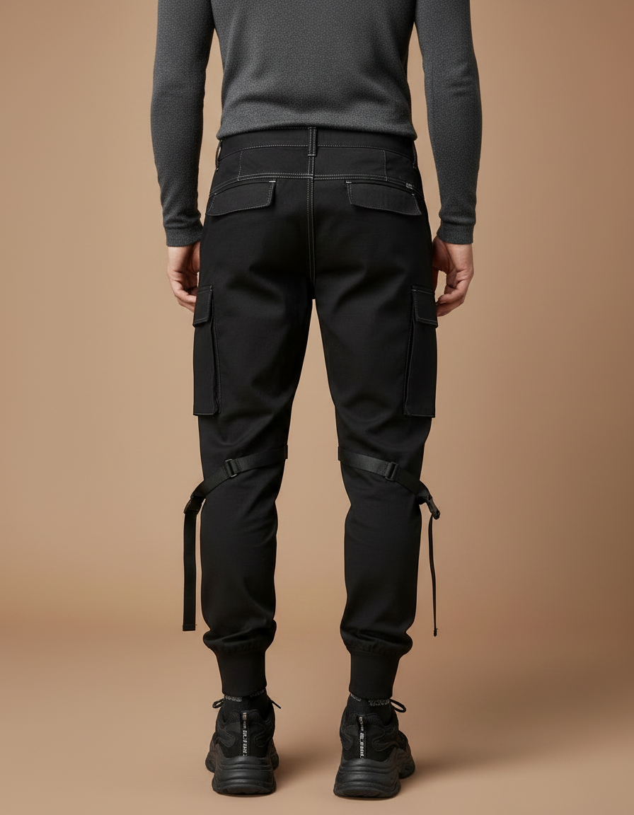 Pantalon Noir Cargo Homme Sangles Décontracté Streetwear - Toile - vue 2