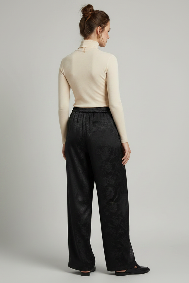 Pantalon Noir Jacquard Satin Ample Élégant Femme - vue 2