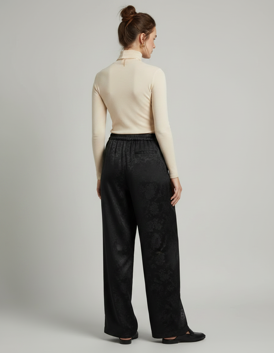 Pantalon Noir Jacquard Satin Ample Élégant Femme - vue 2