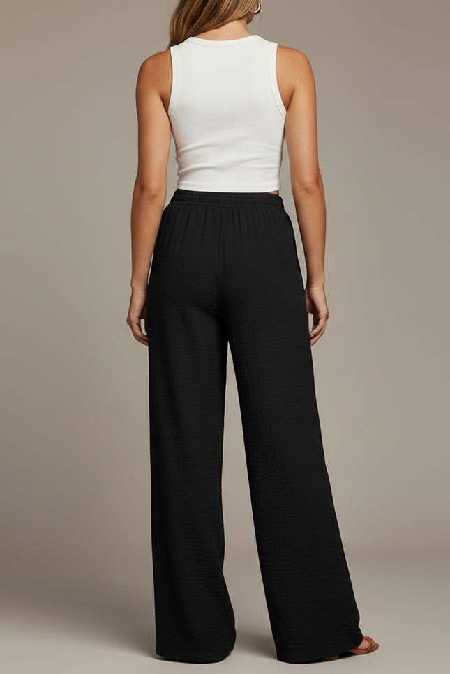 Pantalon Noir Fluide Ample Taille Haute Décontracté - Viscose - vue 2