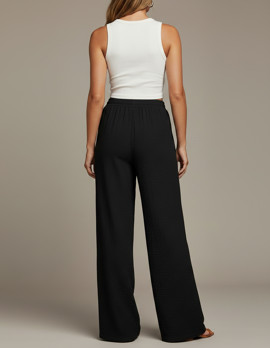 Pantalon Noir Fluide Ample Taille Haute Décontracté - Viscose - vue 2