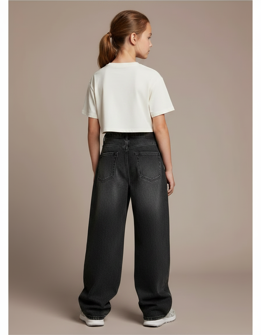 Pantalon Noir Jean Ample Décontracté Fille - vue 2