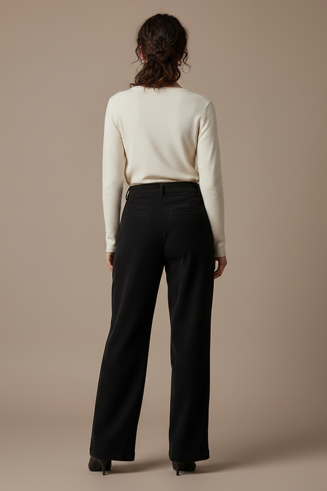 Pantalon Noir Côtelé Taille Haute Plissé Femme - Cordé - vue 2