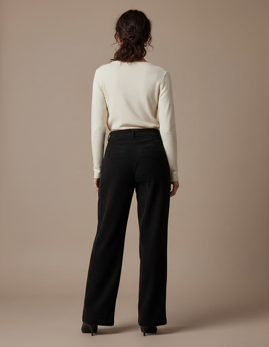 Pantalon Noir Côtelé Taille Haute Plissé Femme - Cordé - vue 2