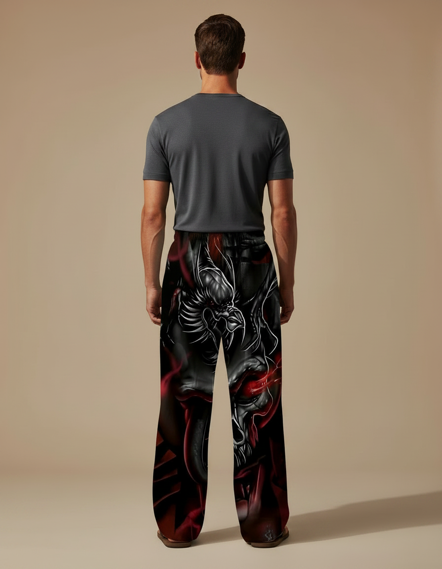 Pantalon Noir Imprimé Dragon Ample Décontracté Homme - Polyester - vue 2