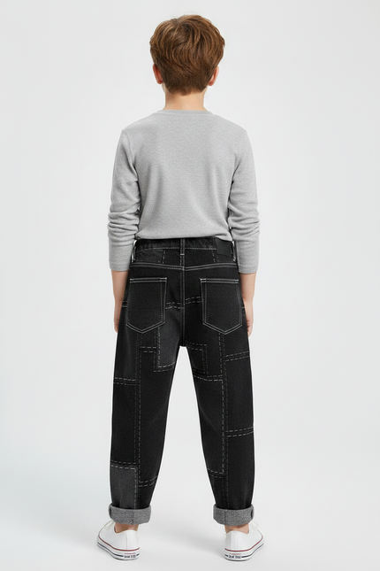 Pantalon Noir Patchwork Ample Garçon Décontracté Denim - Jean - vue 2
