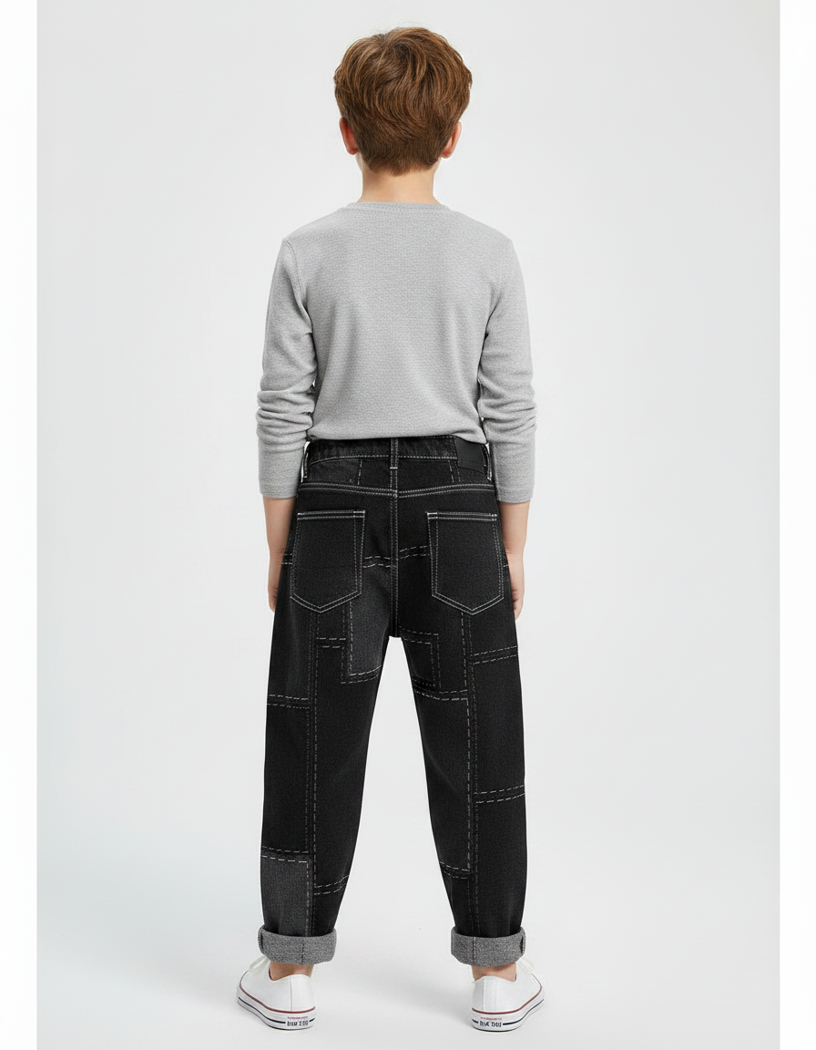 Pantalon Noir Patchwork Ample Garçon Décontracté Denim - Jean - vue 2