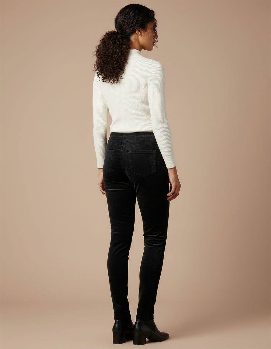 Pantalon Noir Côtelé Slim Confortable Femme - Cordé - vue 2