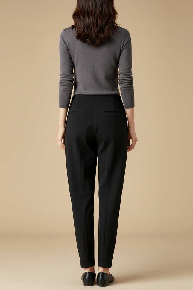 Pantalon Noir Taille Haute Confortable Carotte Décontracté - Polyester - vue 2