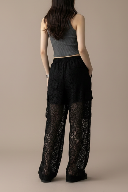 Pantalon Noir Dentelle Transparent Ample Femme - Polyester - vue 2