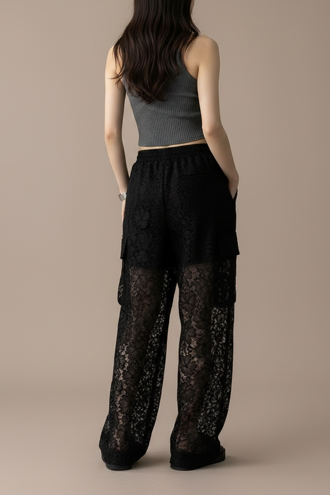 Pantalon Noir Dentelle Transparent Ample Femme - Polyester - vue 2
